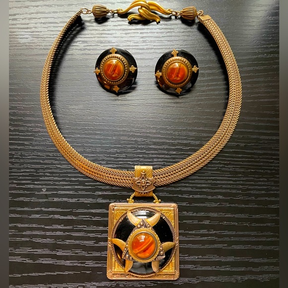 Patrice Jewelry - Vintage Designer Patrice Brass Egyptian mesh cat eye necklace earring set